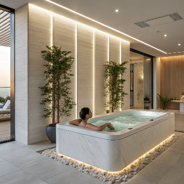jacuzzi intérieur avec une personne dedans